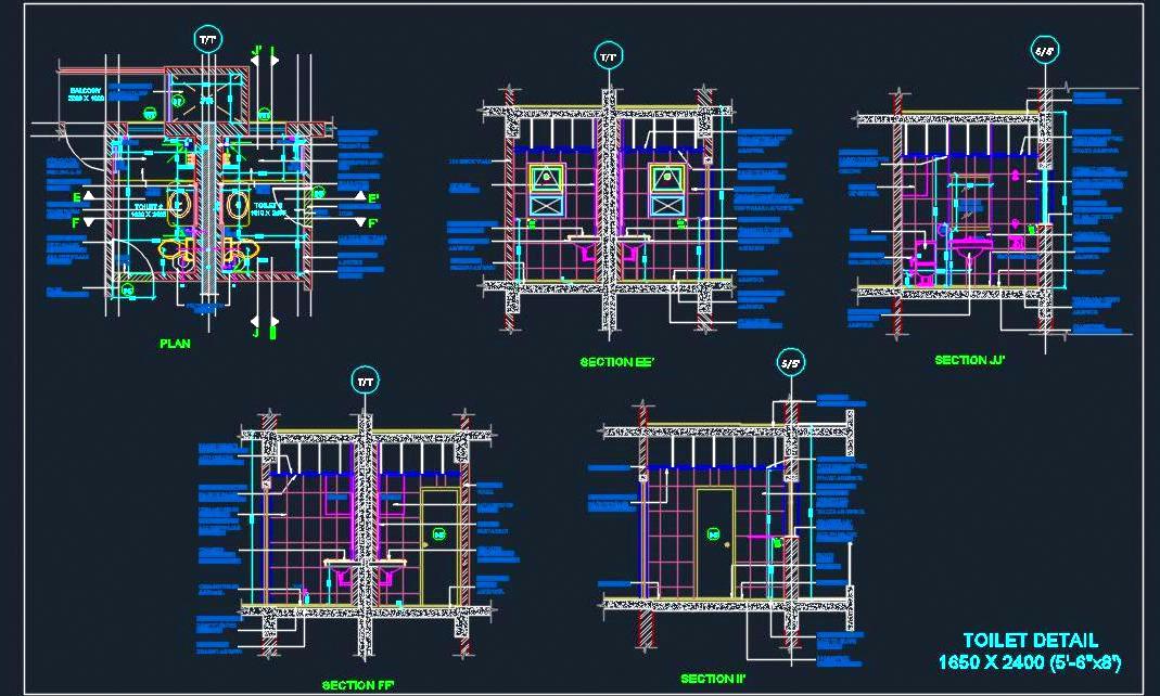 Toilet Design CAD (5'x8') Back-to-Back Layout